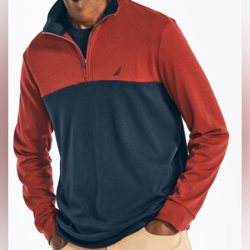 Nautica Colorblock Red and Navy Quarter-Zip Sweater - Size XL NWT MSRP $64.50 - Picture 1 of 6